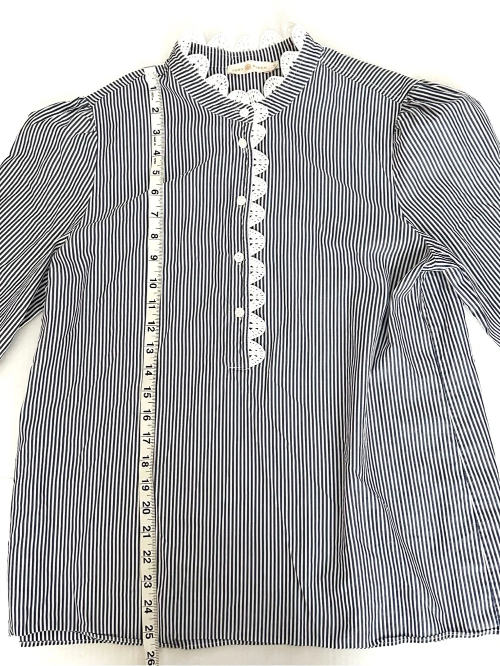 Tory Burch Blue White Stripe Cotton Lace Shirt Size 12